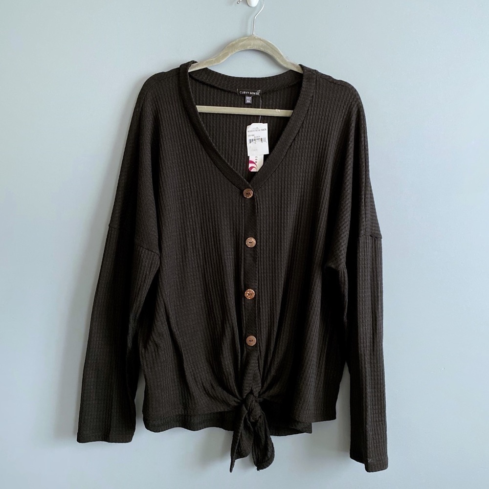 Curvy Sense Black Top Waffle Knit Button Down Tie Waist Long Sleeves Size 3X NEW